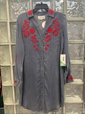 Dear John Chambray Shirt with Red Floral Embroidery